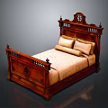 Classical Wooden Bed With Carved Headboard Footboard And Beige Bedding Pillows
