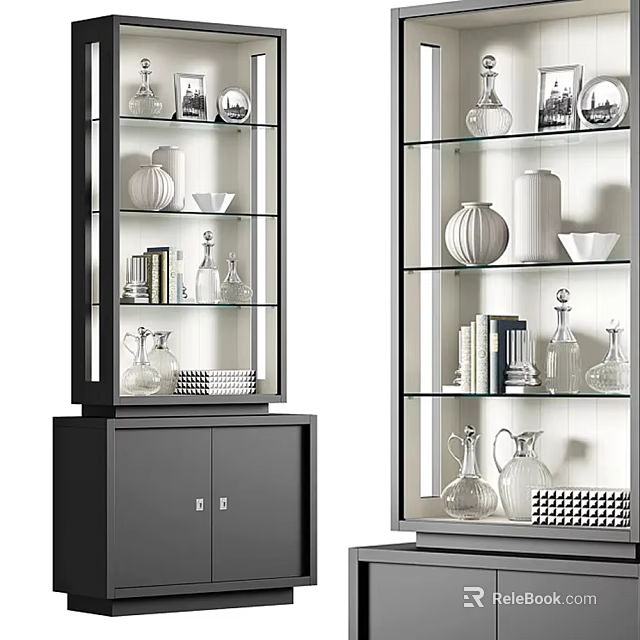 Modern Display Cabinet With Glass Doors And Multiple Shelves Holding Vases Books And Decorative Items 3d model 