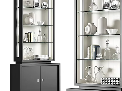 Modern Display Cabinet With Glass Doors And Multiple Shelves Holding Vases Books And Decorative Items 3d model