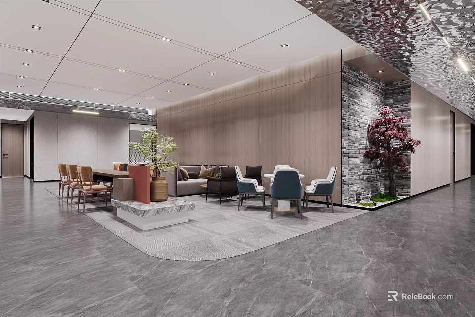Modern Lounge Area Interior Design With Sofa Chairs Plants And Decorative Wall 3d model 