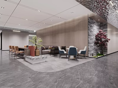 Modern Lounge Area Interior Design With Sofa Chairs Plants And Decorative Wall 3d model