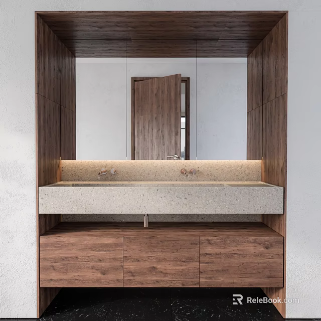 Modern Bathroom Vanity With Light Stone Countertop Wooden Cabinets And Mirror Above 3d model 