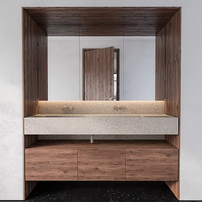 Modern Bathroom Vanity With Light Stone Countertop Wooden Cabinets And Mirror Above 3d model