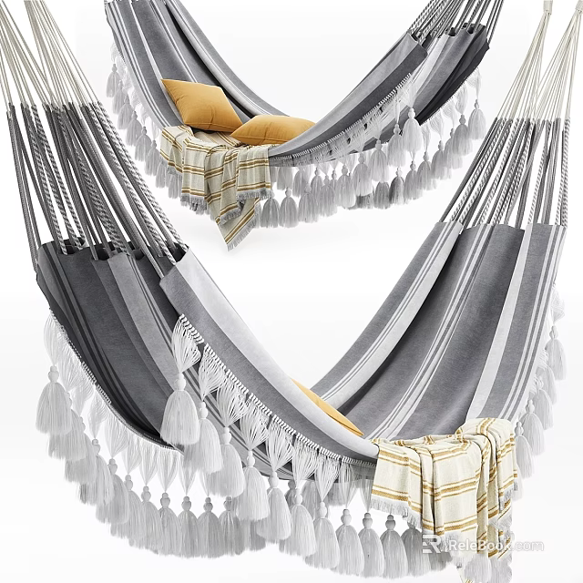 Gray And White Striped Sofa Set With Yellow Cushions Striped Blanket And Tassels 3d model 