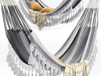 Gray And White Striped Sofa Set With Yellow Cushions Striped Blanket And Tassels 3d model