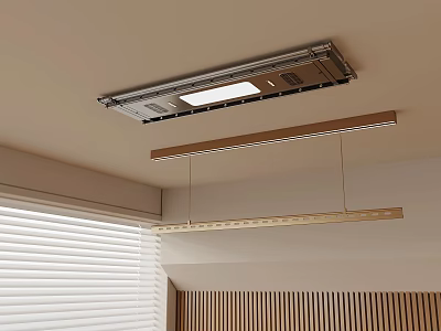 Ceiling Mounted Electric Clothes Hanger With Lighting And Wooden Drying Rod In Minimalist Indoor Space 3d model