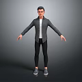 Man Standing With Arms Outstretched Wearing Gray Jacket White Shirt Black Pants And Gray Shoes