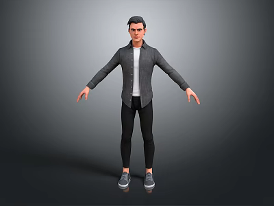 Man Standing With Arms Outstretched Wearing Gray Jacket White Shirt Black Pants And Gray Shoes 3d model
