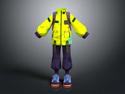 Yellow Jacket With Black And Green Accents Purple Pants And Blue Sneakers 3d model