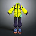 Yellow Jacket With Black And Green Accents Purple Pants And Blue Sneakers