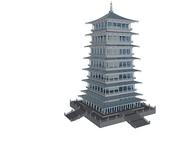 Traditional Chinese Tower With Multiple Floors Ornate Eaves And Glass Windows 3d model