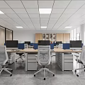 Public Office Interior With Modern Desks Computer Monitors Ergonomic Chairs Large Windows Natural Light And Ceiling Lights