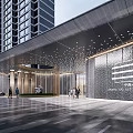 Modern High Rise Buildings Entrance With Paved Ground Trees Lighting And Car