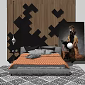 Nordic Background Double Bed Double Bedclothes Combination 3d model