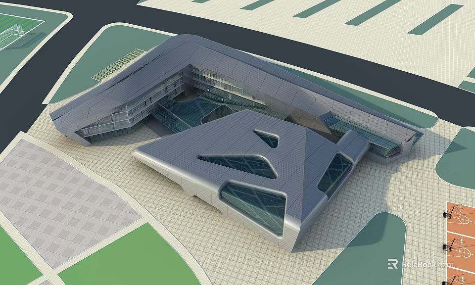 Modern Geometric Architectural Building With Glass Facade And Green Landscape Surroundings 3d model 
