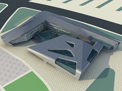 Modern Geometric Architectural Building With Glass Facade And Green Landscape Surroundings 3d model