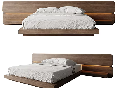 Modern Double Bed With Wooden Headboard White Mattress And Floating Frame 3d model
