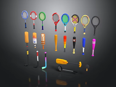 Colorful Household Sports Equipment Collection With Tennis Rackets Baseball Bats And Hockey Sticks 3d model