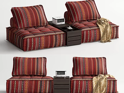 Stylish Two Seater Sofa With Striped Patterned Cushions Side Table And Golden Blanket 3d model