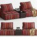 Stylish Two Seater Sofa With Striped Patterned Cushions Side Table And Golden Blanket