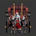 Santa Claus Riding Red Sleigh Pulled By Reindeer With Gold Accents And Lanterns