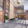 Spacious Modern Service Hall Interior With Wooden Columns Chandelier Red Banner And Green Plants