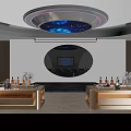 Modern KTV Room Interior With Blue Lighting Circular Ceiling Bar Counter And Screen