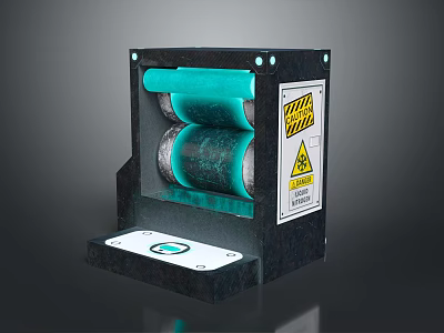 Black Casing Machine With Blue Internal Rollers Warning Label And Green Indicator On Bottom Panel 3d model