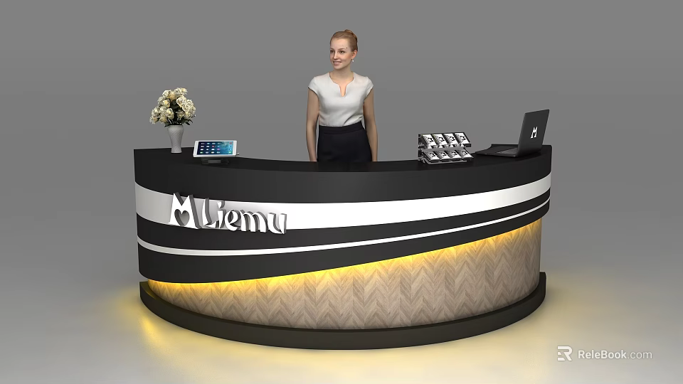 Modern Curved Reception Desk With Chevron Pattern Flower Vase Tablet And Receptionist 3d model