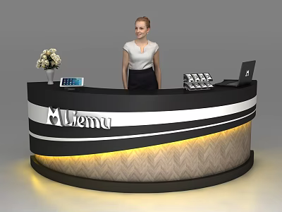 Modern Curved Reception Desk With Chevron Pattern Flower Vase Tablet And Receptionist 3d model