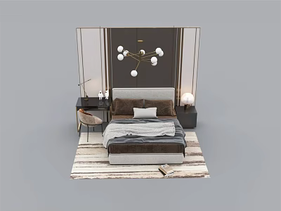 Modern Double Bed Bedroom With Nightstands Lamps Chandelier And Striped Rug 3d model