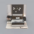 Modern Double Bed Bedroom With Nightstands Lamps Chandelier And Striped Rug