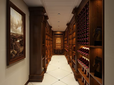 Elegant Wine Cellar Interior With Wooden Racks Arranged Wine Bottles White Tiled Floor And Lighting 3d model