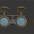 Vintage Binoculars With Ornate Metal Body Leather Strap And Blue Glass Lenses