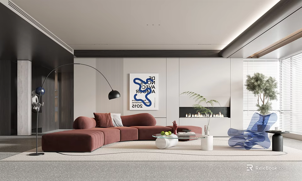 Modern Elegant Living Room Interior With Brown Sofa Floor Lamp Artwork Coffee Table And Plants 3d model 