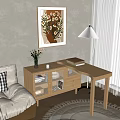Modern Sideboard in Living Room with Sofa Table Lamp Painting Vase with Flowers and Books