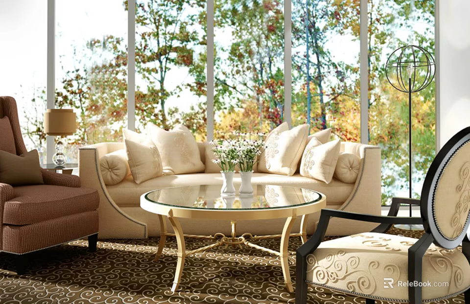 Elegant Beige Sofa and Round Coffee Table Set Near Large Windows with Autumn View 3d model 