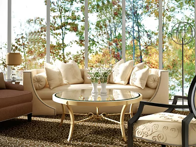 Elegant Beige Sofa and Round Coffee Table Set Near Large Windows with Autumn View 3d model