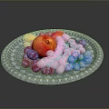 Blue Patterned Decorative Plate With Fresh Apple White And Purple Grapes Neatly Arranged