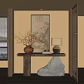 Traditional Chinese Foyer Hallway With Landscape Painting Vase And Stone Decor