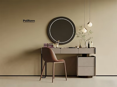 Modern Minimalist Dressing Table With Round Mirror Hanging Pendant Lights Chair Cosmetics And Books 3d model