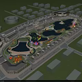 Scenic Waterfront Landscape with Lakes Pools Greenery Colorful Water Slides and Buildings