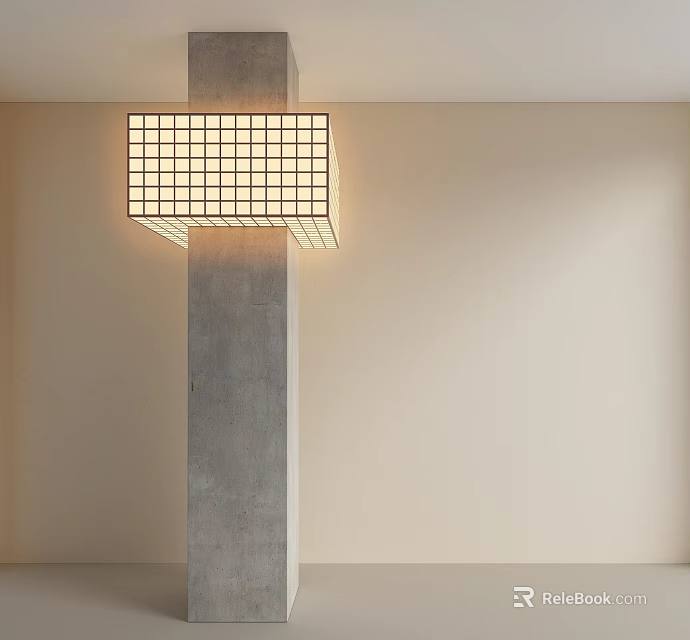 Tall Concrete Pillar Adorned With Square Lattice Light Fixture In Minimalist Beige Wall Interior 3d model 