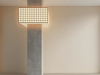 Tall Concrete Pillar Adorned With Square Lattice Light Fixture In Minimalist Beige Wall Interior 3d model