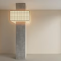 Tall Concrete Pillar Adorned With Square Lattice Light Fixture In Minimalist Beige Wall Interior