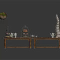 Wooden Display Table With Dessert Stand White Cups Silver Tray Stacked Plates And Green Plant