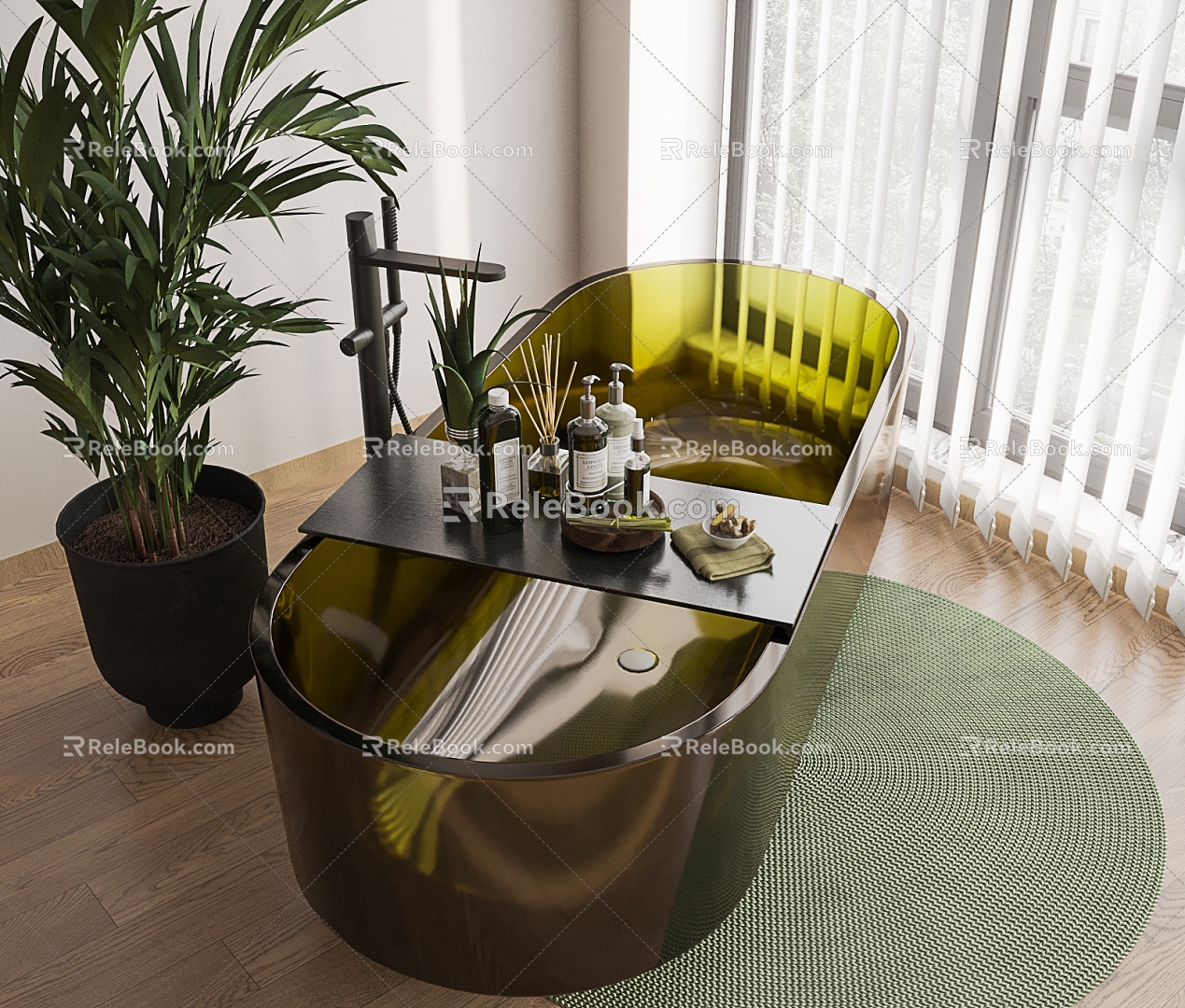 Modern Bathtub Dark Green Glass Bathtub Toiletries Potted Plant 3d model