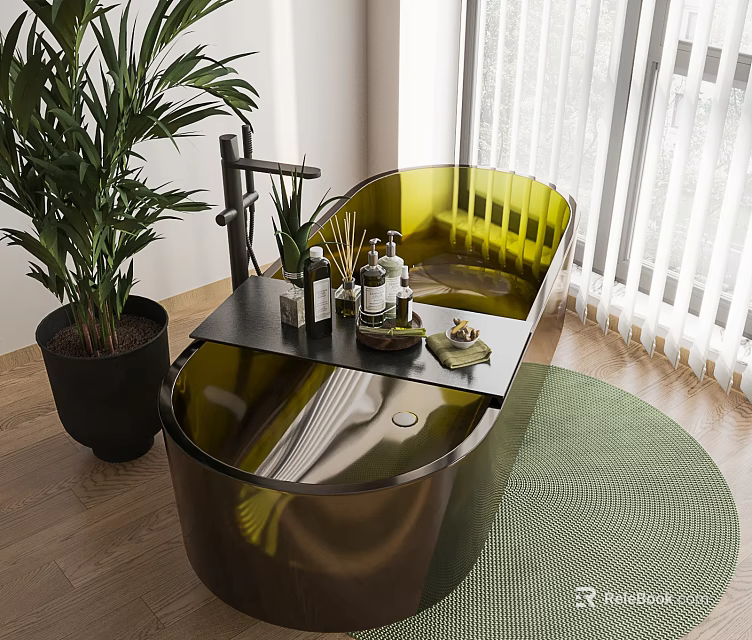 Modern Transparent Green Bathtub In Bright Bathroom With Plants And Toiletries 3d model 