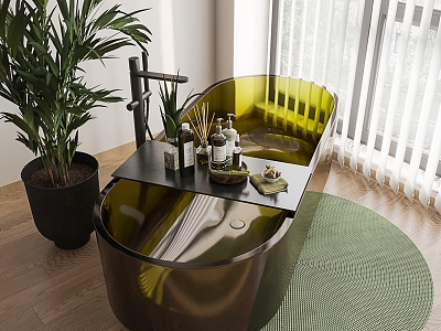 Modern Bathtub Dark Green Glass Bathtub Toiletries Potted Plant 3d model