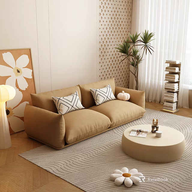 Modern Beige Double Sofa With Geometric Cushions Round Coffee Table Flower Artwork And Floor Lamp 3d model 